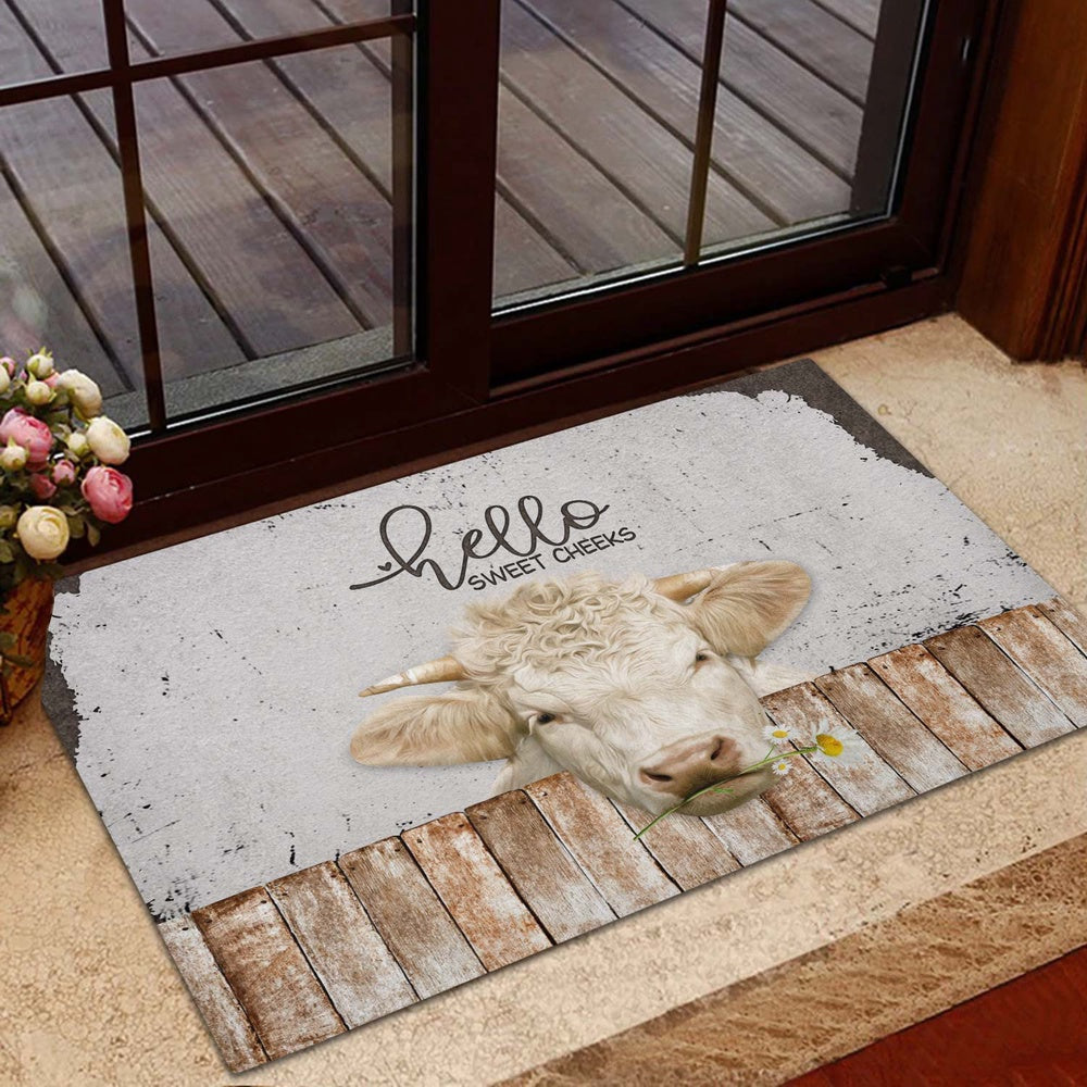 Farm House Door Mat, Charolais Hello Sweet Checks Doormat, Custom Welcome Mats