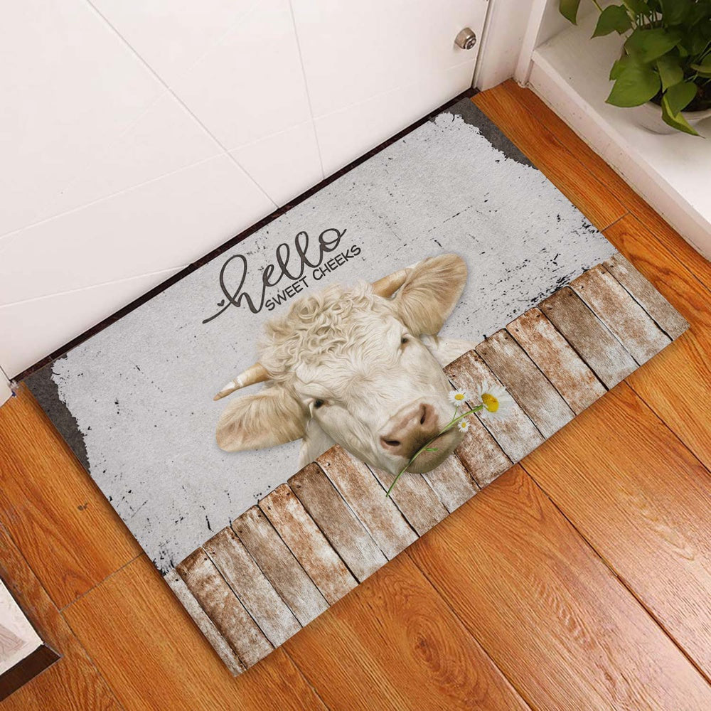 Farm House Door Mat, Charolais Hello Sweet Checks Doormat, Custom Welcome Mats