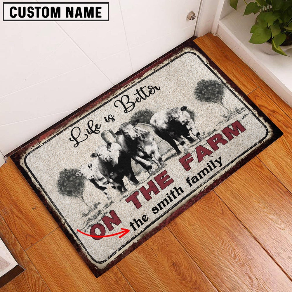 Farm House Door Mat, Charolais Life is Better Custom Name Doormat, Custom Welcome Mats