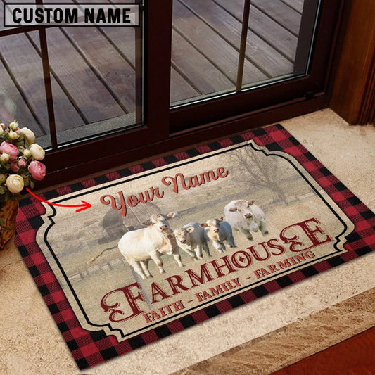 Farm House Door Mat, Charolais No Horn Faith Family Farming Custom Name Doormat, Custom Welcome Mats
