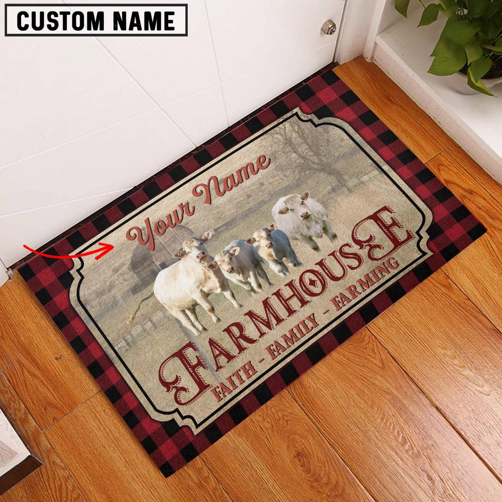 Farm House Door Mat, Charolais No Horn Faith Family Farming Custom Name Doormat, Custom Welcome Mats