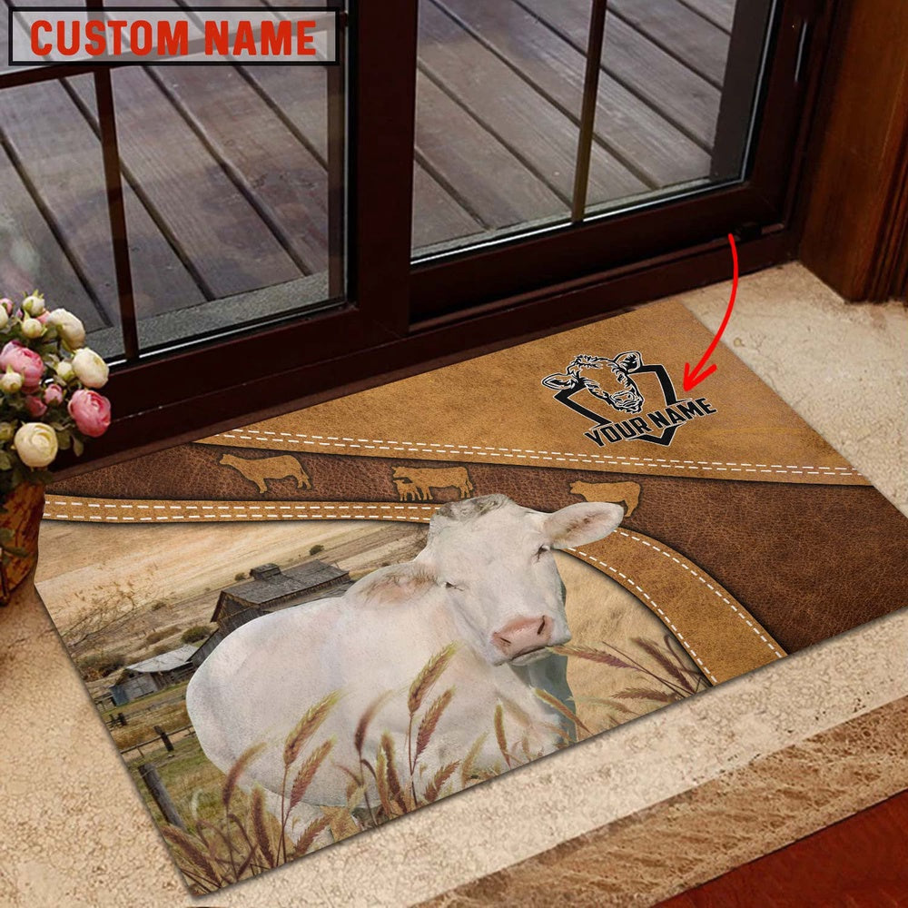 Farm House Door Mat, Charolais No Horn Personalized Welcome Doormat, Custom Welcome Mats