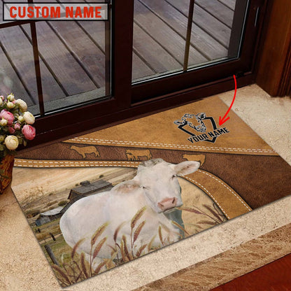 Farm House Door Mat, Charolais No Horn Personalized Welcome Doormat, Custom Welcome Mats