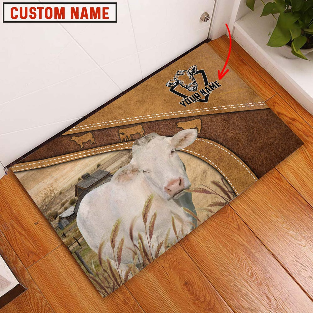 Farm House Door Mat, Charolais No Horn Personalized Welcome Doormat, Custom Welcome Mats