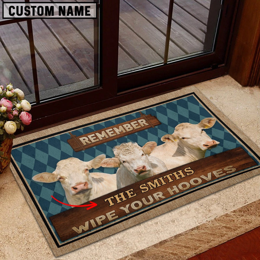 Farm House Door Mat, Charolais No Horn Wipe Your Hooves Custom Name Doormat, Custom Welcome Mats