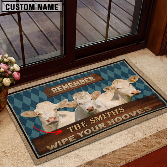 Farm House Door Mat, Charolais No Horn Wipe Your Hooves Custom Name Doormat, Custom Welcome Mats