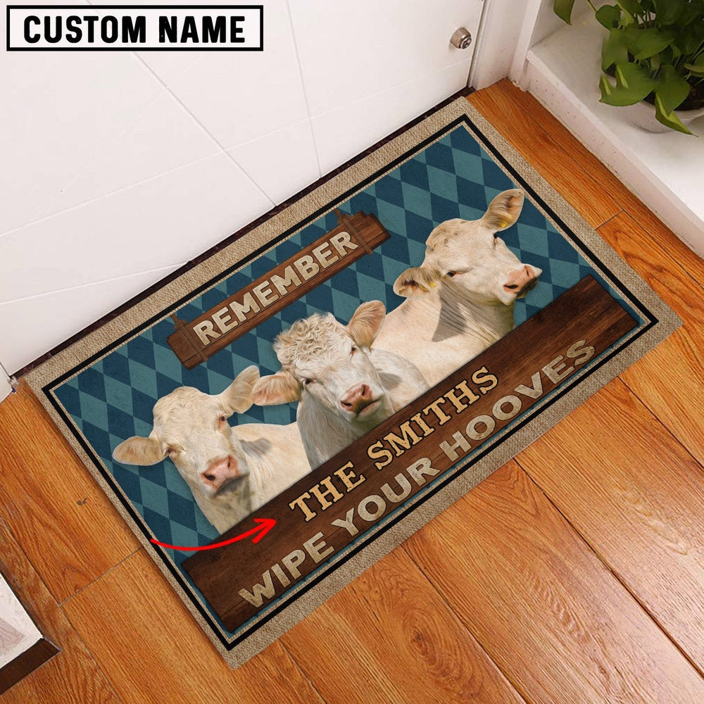 Farm House Door Mat, Charolais No Horn Wipe Your Hooves Custom Name Doormat, Custom Welcome Mats