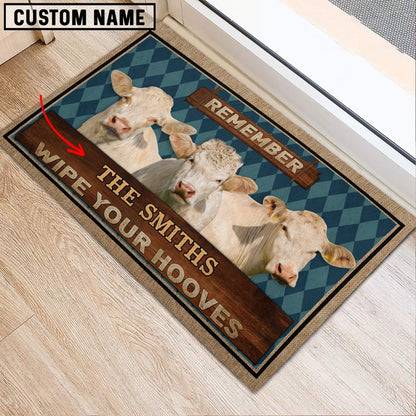 Farm House Door Mat, Charolais No Horn Wipe Your Hooves Custom Name Doormat, Custom Welcome Mats