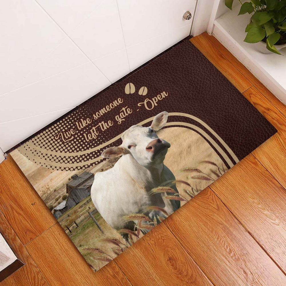 Farm House Door Mat, Charolais No Horns Live Like Someone Left The Gate Open Doormat, Custom Welcome Mats