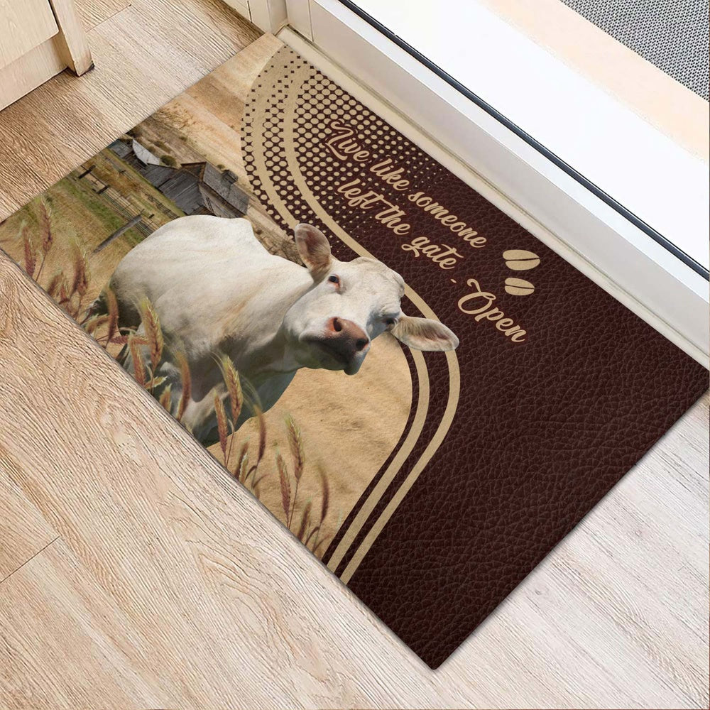 Farm House Door Mat, Charolais No Horns Live Like Someone Left The Gate Open Doormat, Custom Welcome Mats