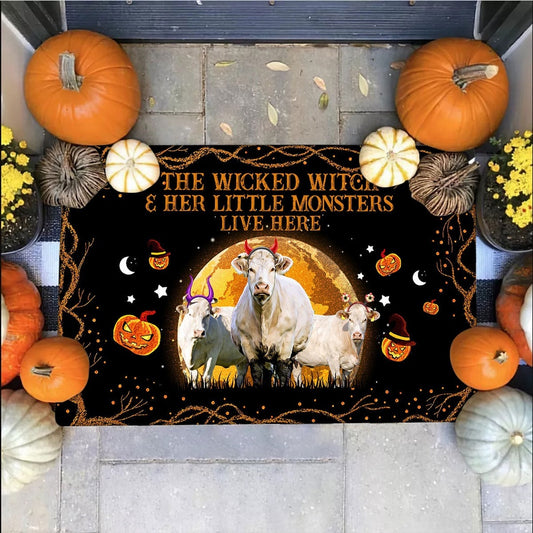 Farm House Door Mat, Charolais The Wicked Witch And Her Little Monsters Live Here Doormat, Custom Welcome Mats