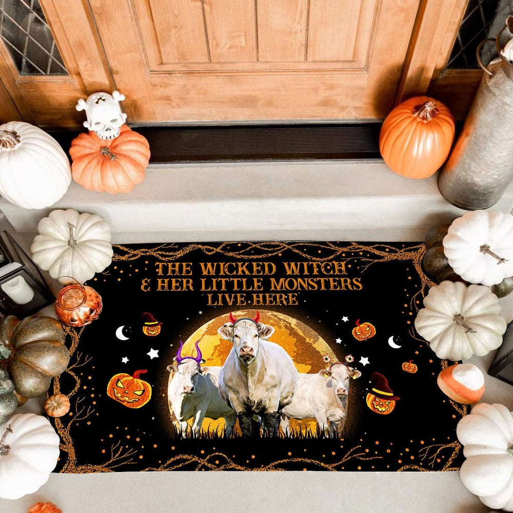 Farm House Door Mat, Charolais The Wicked Witch And Her Little Monsters Live Here Doormat, Custom Welcome Mats