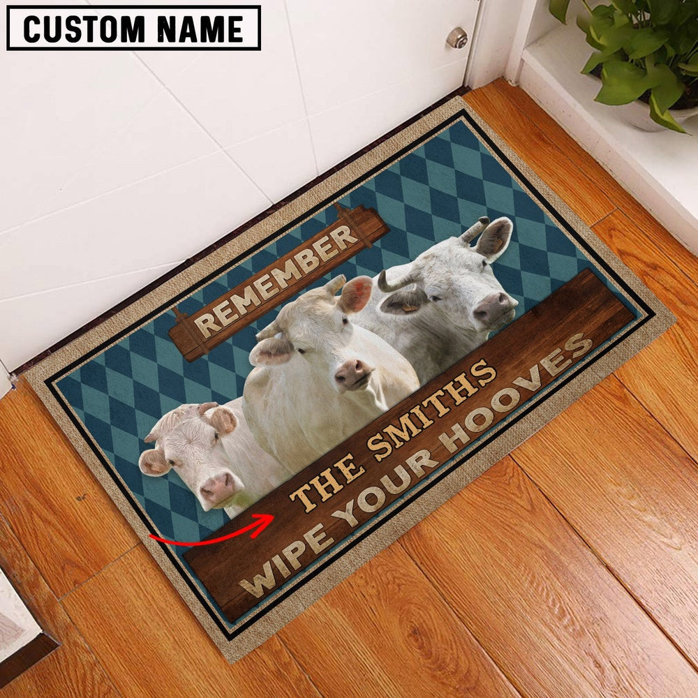 Farm House Door Mat, Charolais Wipe Your Hooves Custom Name Doormat, Custom Welcome Mats
