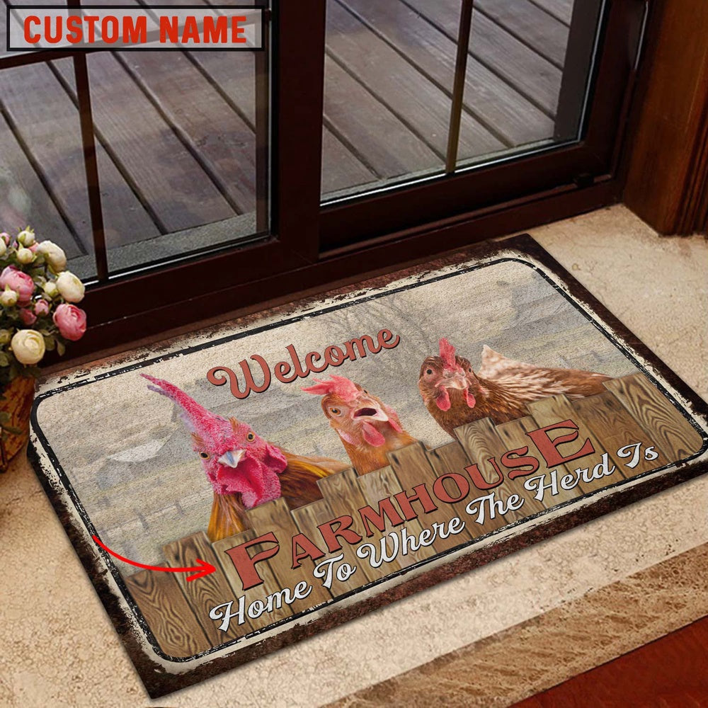 Farm House Door Mat, Chicken Welcome Custom Name Doormat, Custom Welcome Mats