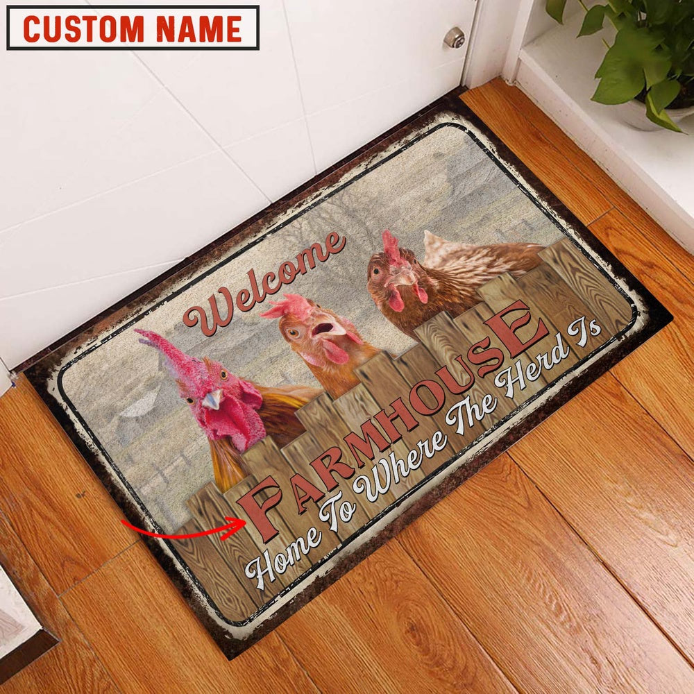 Farm House Door Mat, Chicken Welcome Custom Name Doormat, Custom Welcome Mats