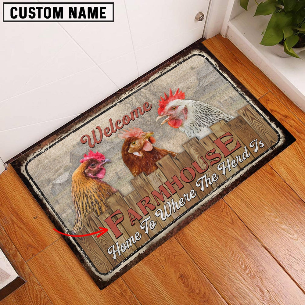 Farm House Door Mat, Chooks Custom Name Home To Where The Herd Is FarmHouse Doormat, Custom Welcome Mats