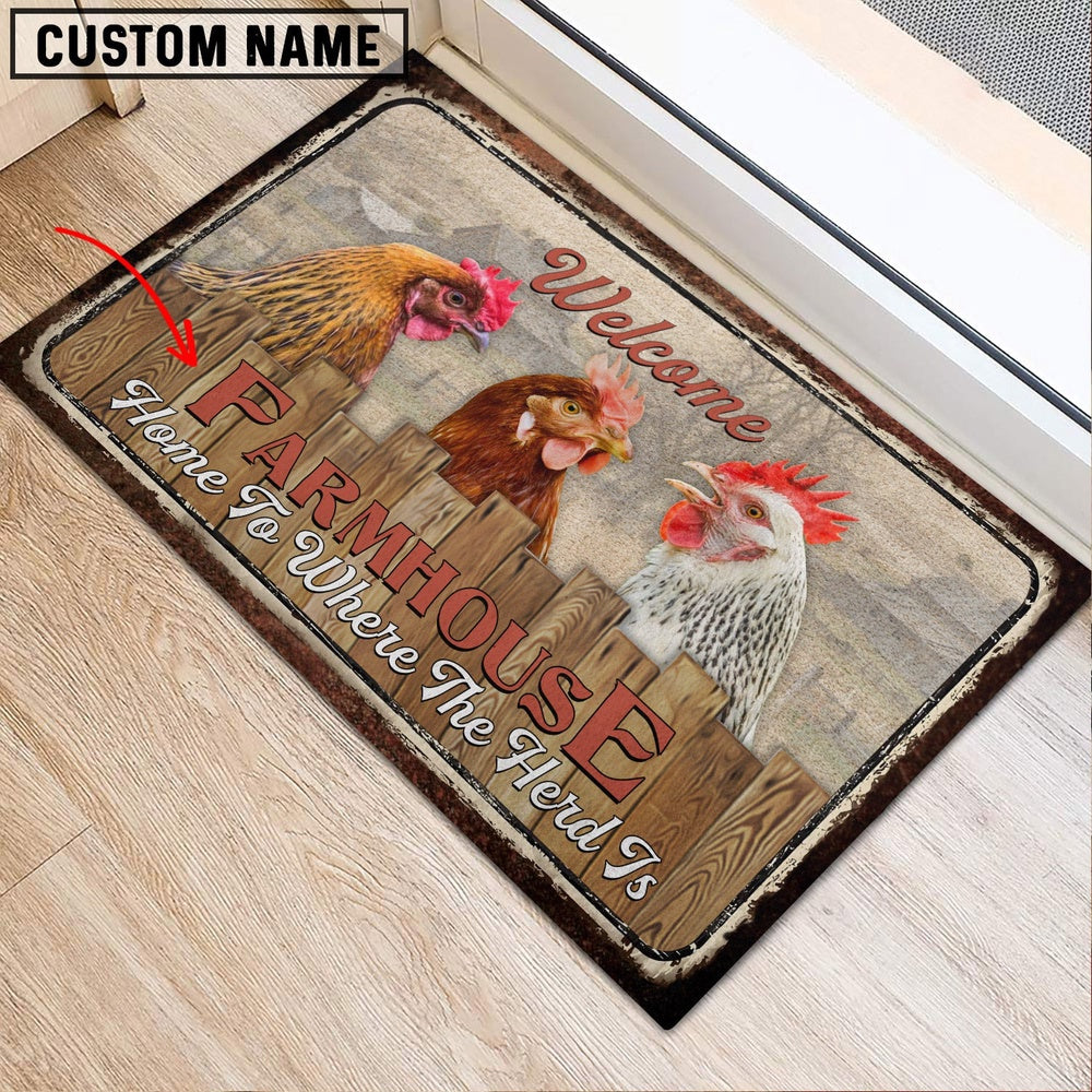 Farm House Door Mat, Chooks Custom Name Home To Where The Herd Is FarmHouse Doormat, Custom Welcome Mats