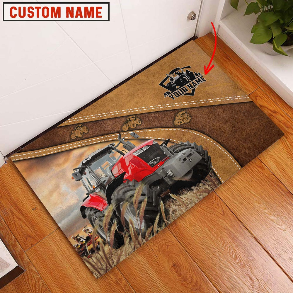 Farm House Door Mat, Farm Personalized Name Red Tractor Doormat, Custom Welcome Mats