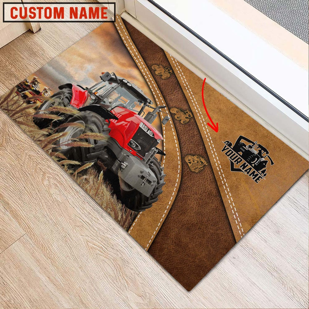Farm House Door Mat, Farm Personalized Name Red Tractor Doormat, Custom Welcome Mats