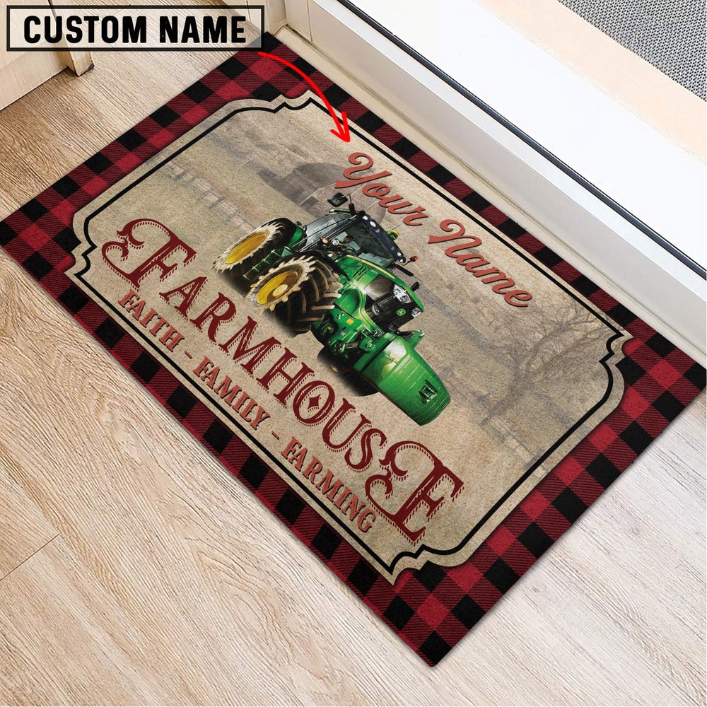 Farm House Door Mat, Farm Tractor Faith Family Farming Custom Name Doormat, Custom Welcome Mats