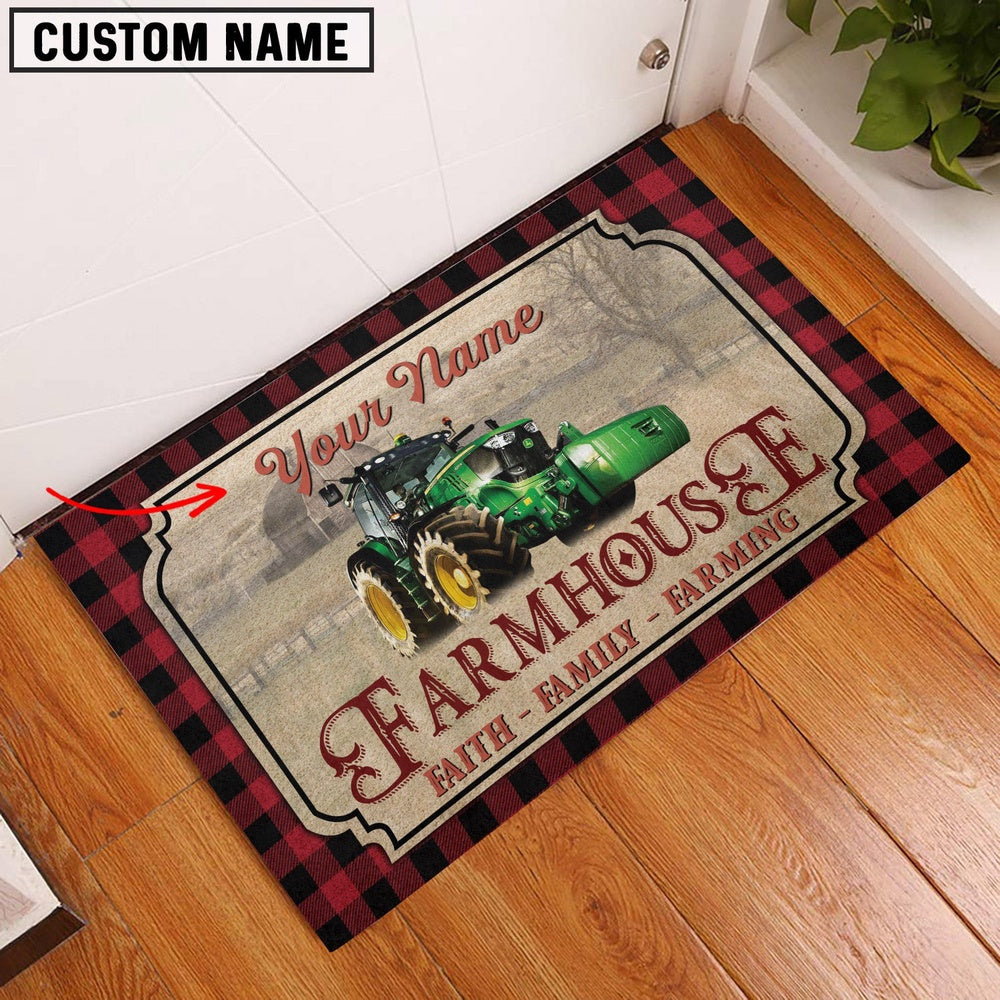Farm House Door Mat, Farm Tractor Faith Family Farming Custom Name Doormat, Custom Welcome Mats