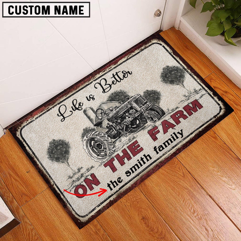 Farm House Door Mat, Farm Tractor Life is Better Custom Name Doormat, Custom Welcome Mats