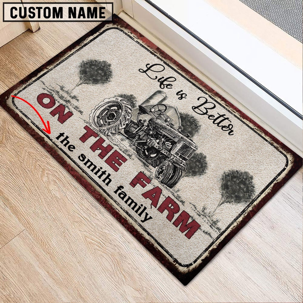 Farm House Door Mat, Farm Tractor Life is Better Custom Name Doormat, Custom Welcome Mats