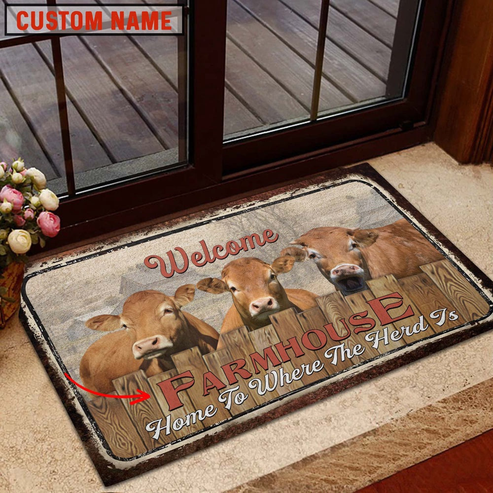 Farm House Door Mat, Fleckvieh Custom Name Home To Where The Herd Is FarmHouse Doormat, Custom Welcome Mats