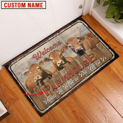 Farm House Door Mat, Fleckvieh Custom Name Home To Where The Herd Is FarmHouse Doormat, Custom Welcome Mats