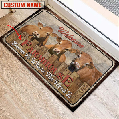 Farm House Door Mat, Fleckvieh Custom Name Home To Where The Herd Is FarmHouse Doormat, Custom Welcome Mats