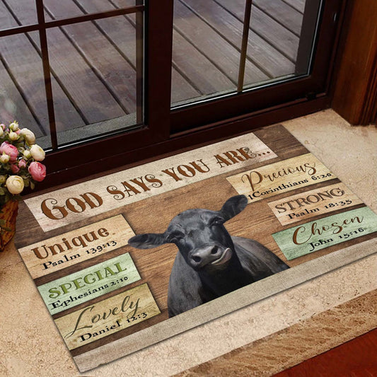 Farm House Door Mat, God Says You Are Black Angus Cattle Doormat, Custom Welcome Mats