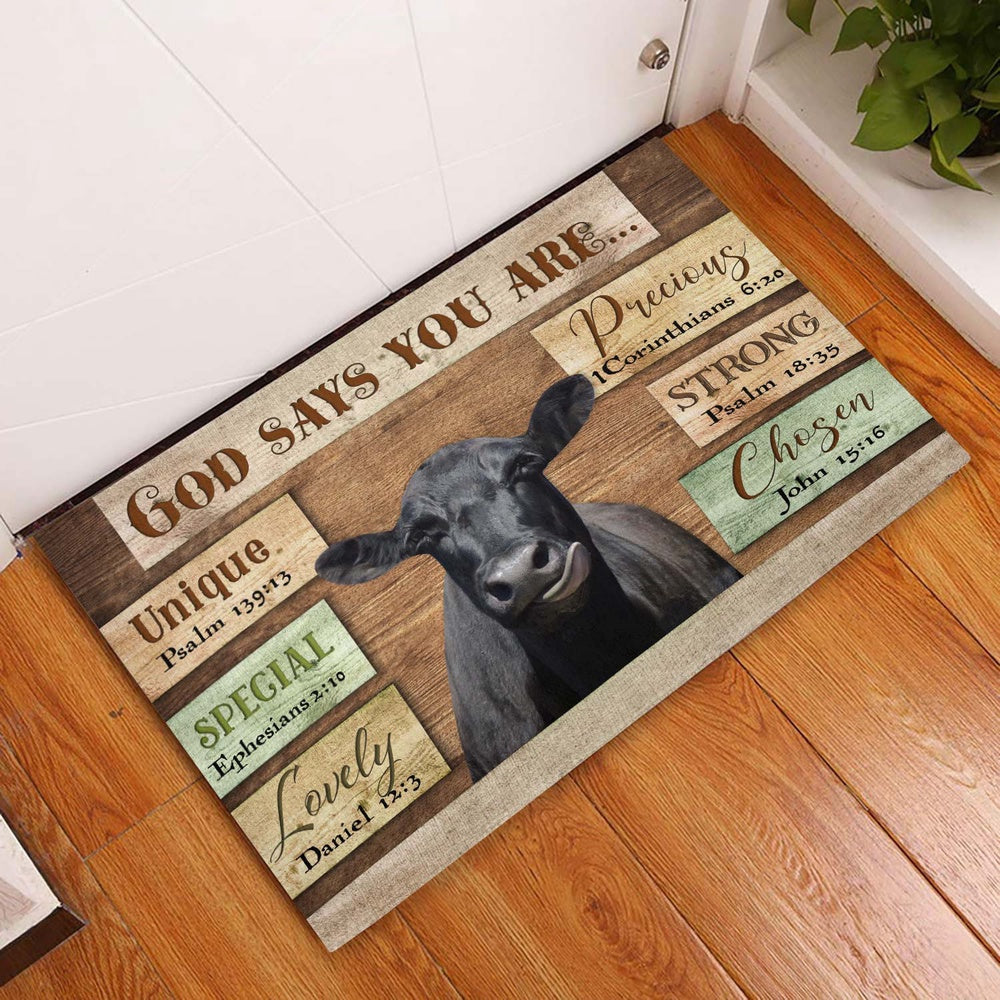 Farm House Door Mat, God Says You Are Black Angus Cattle Doormat, Custom Welcome Mats