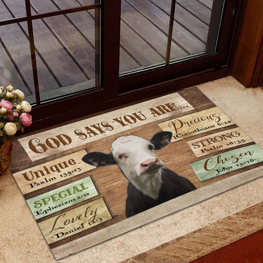 Farm House Door Mat, God Says You Are Black Baldy Cattle Doormat, Custom Welcome Mats
