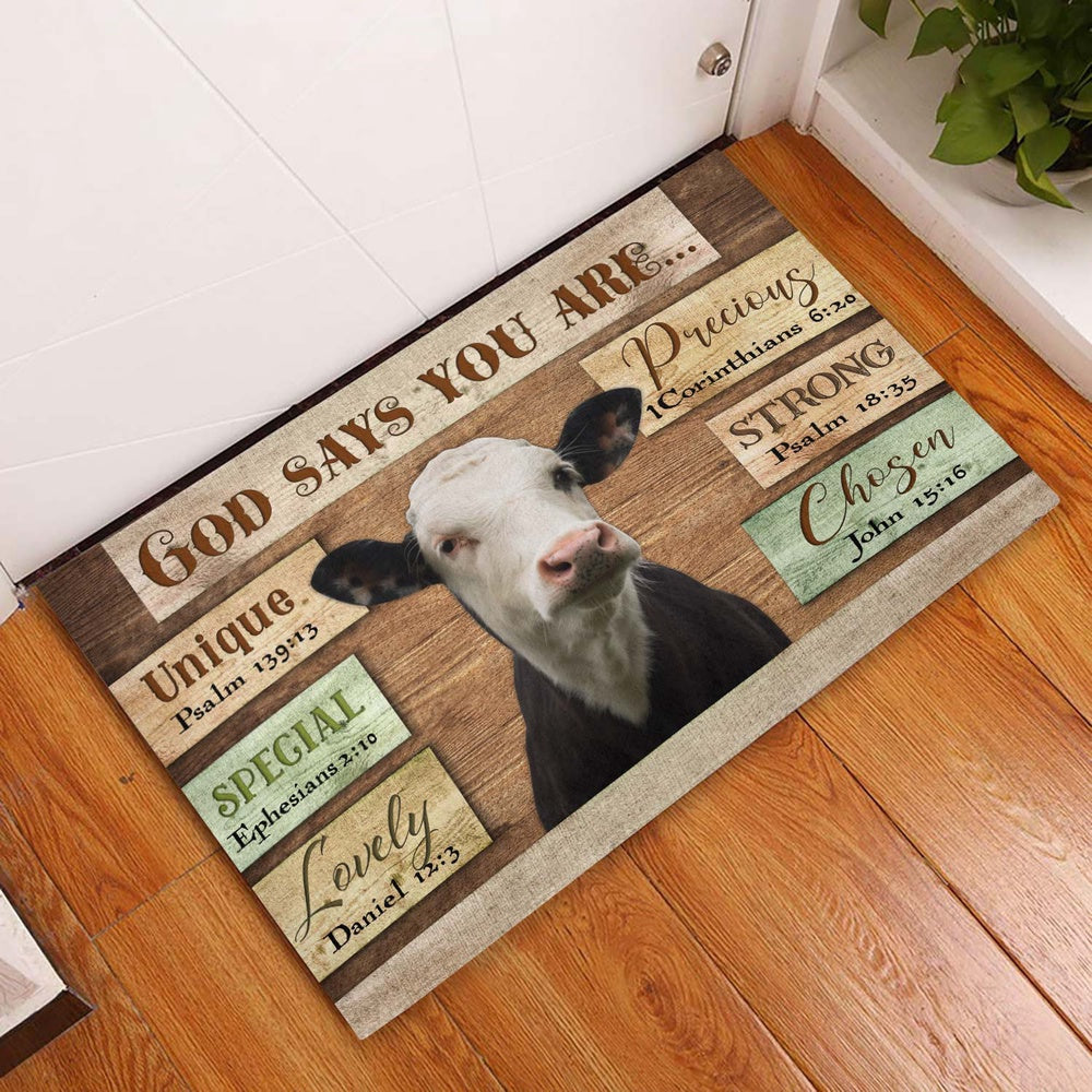 Farm House Door Mat, God Says You Are Black Baldy Cattle Doormat, Custom Welcome Mats
