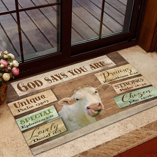 Farm House Door Mat, God Says You Are Charolais Cattle Doormat, Custom Welcome Mats