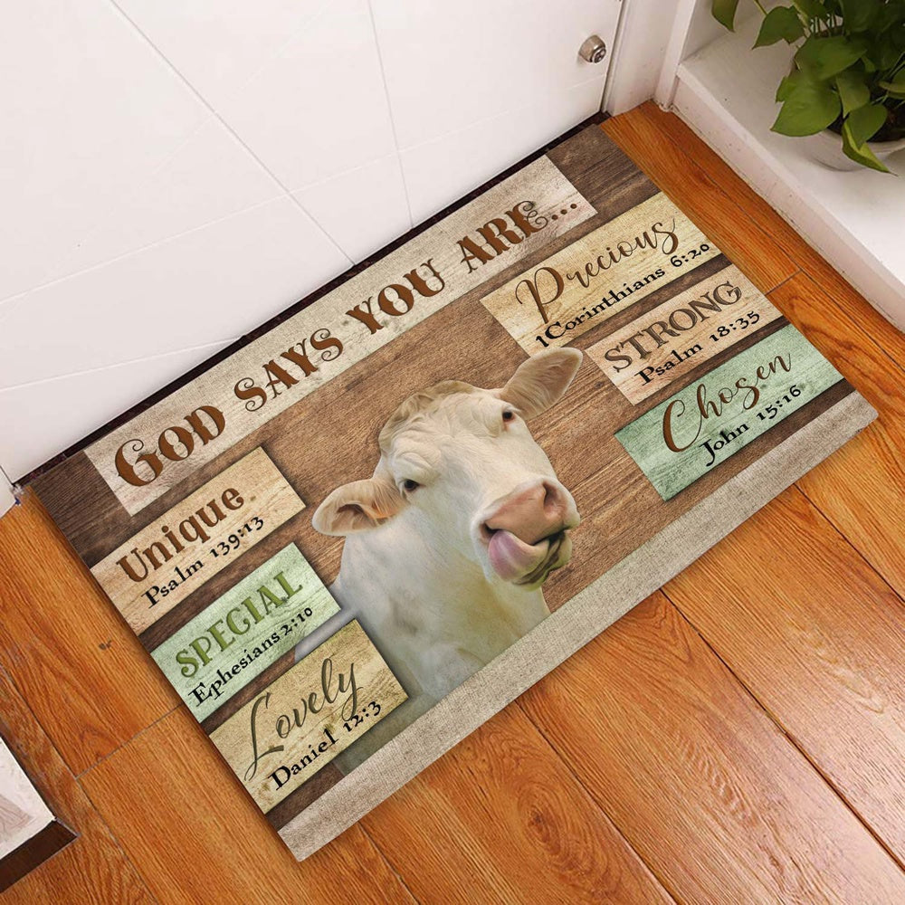 Farm House Door Mat, God Says You Are Charolais Cattle Doormat, Custom Welcome Mats