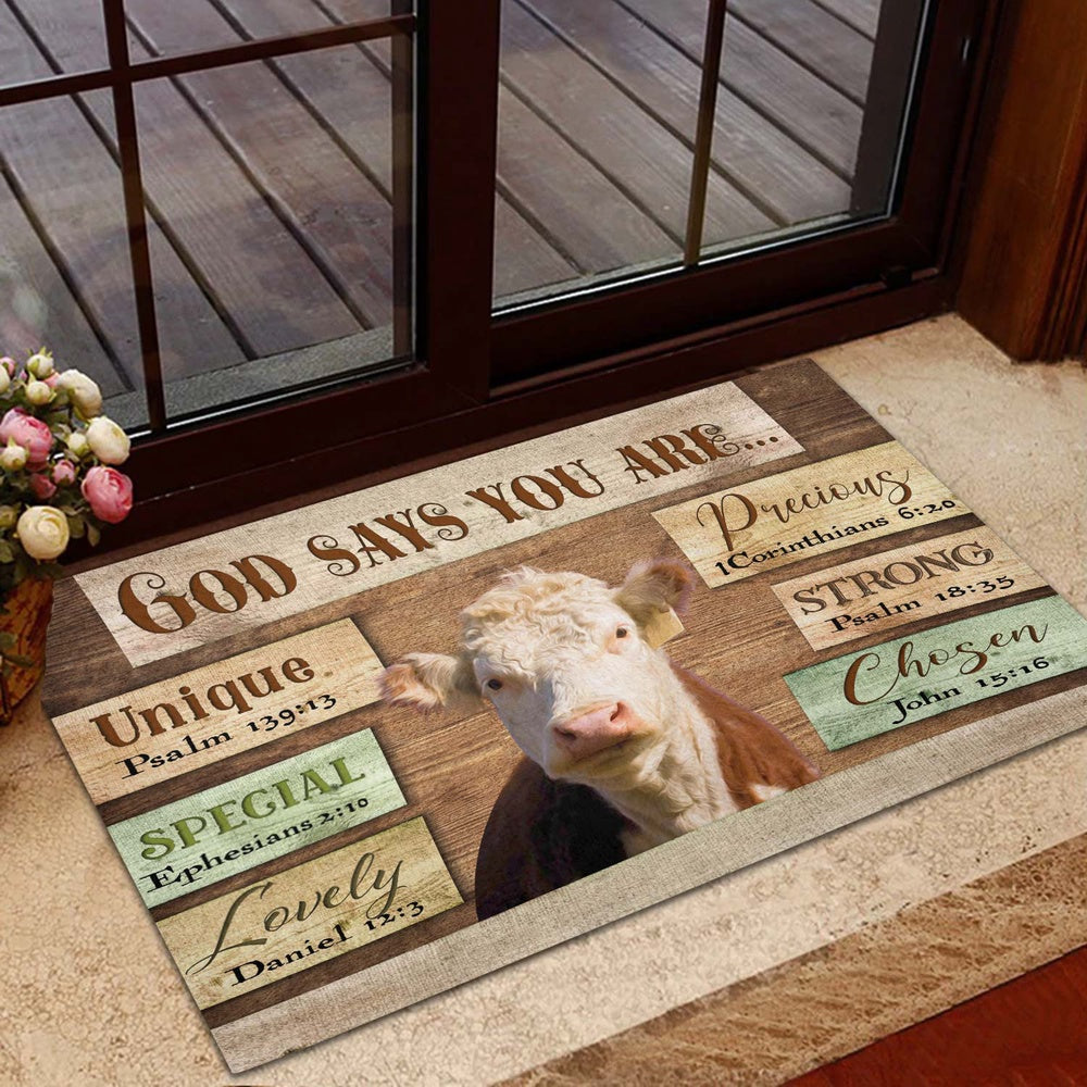 Farm House Door Mat, God Says You Are Hereford Cattle Doormat, Custom Welcome Mats