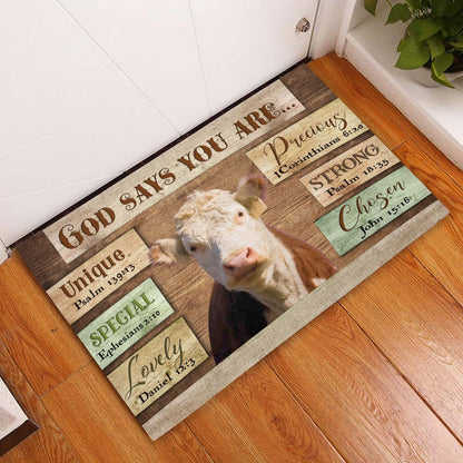 Farm House Door Mat, God Says You Are Hereford Cattle Doormat, Custom Welcome Mats