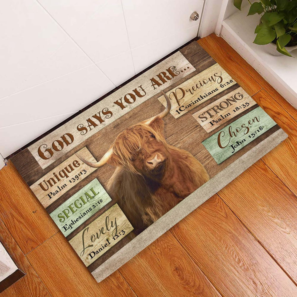 Farm House Door Mat, God Says You Are Highland Cattle Doormat, Custom Welcome Mats