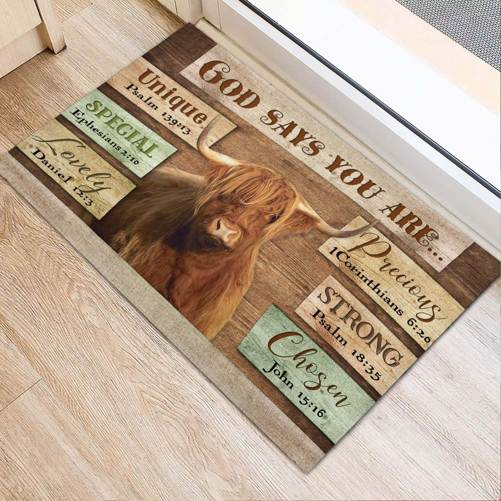 Farm House Door Mat, God Says You Are Highland Cattle Doormat, Custom Welcome Mats