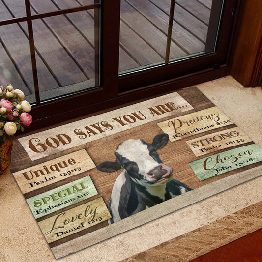 Farm House Door Mat, God Says You Are Holstein Cattle Doormat, Custom Welcome Mats