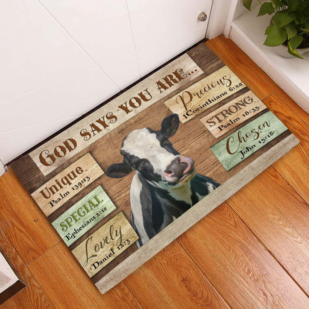 Farm House Door Mat, God Says You Are Holstein Cattle Doormat, Custom Welcome Mats