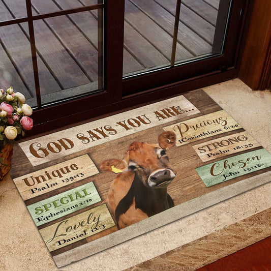 Farm House Door Mat, God Says You Are Jersey Cattle Doormat, Custom Welcome Mats