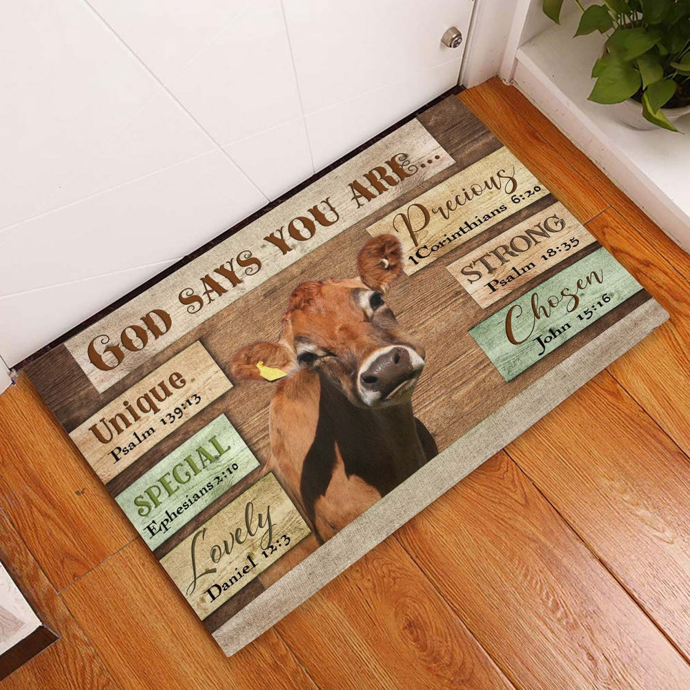 Farm House Door Mat, God Says You Are Jersey Cattle Doormat, Custom Welcome Mats