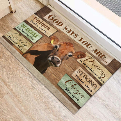 Farm House Door Mat, God Says You Are Jersey Cattle Doormat, Custom Welcome Mats