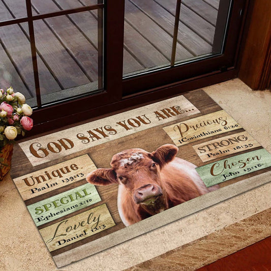 Farm House Door Mat, God Says You Are Shorthorn Cattle Doormat, Custom Welcome Mats