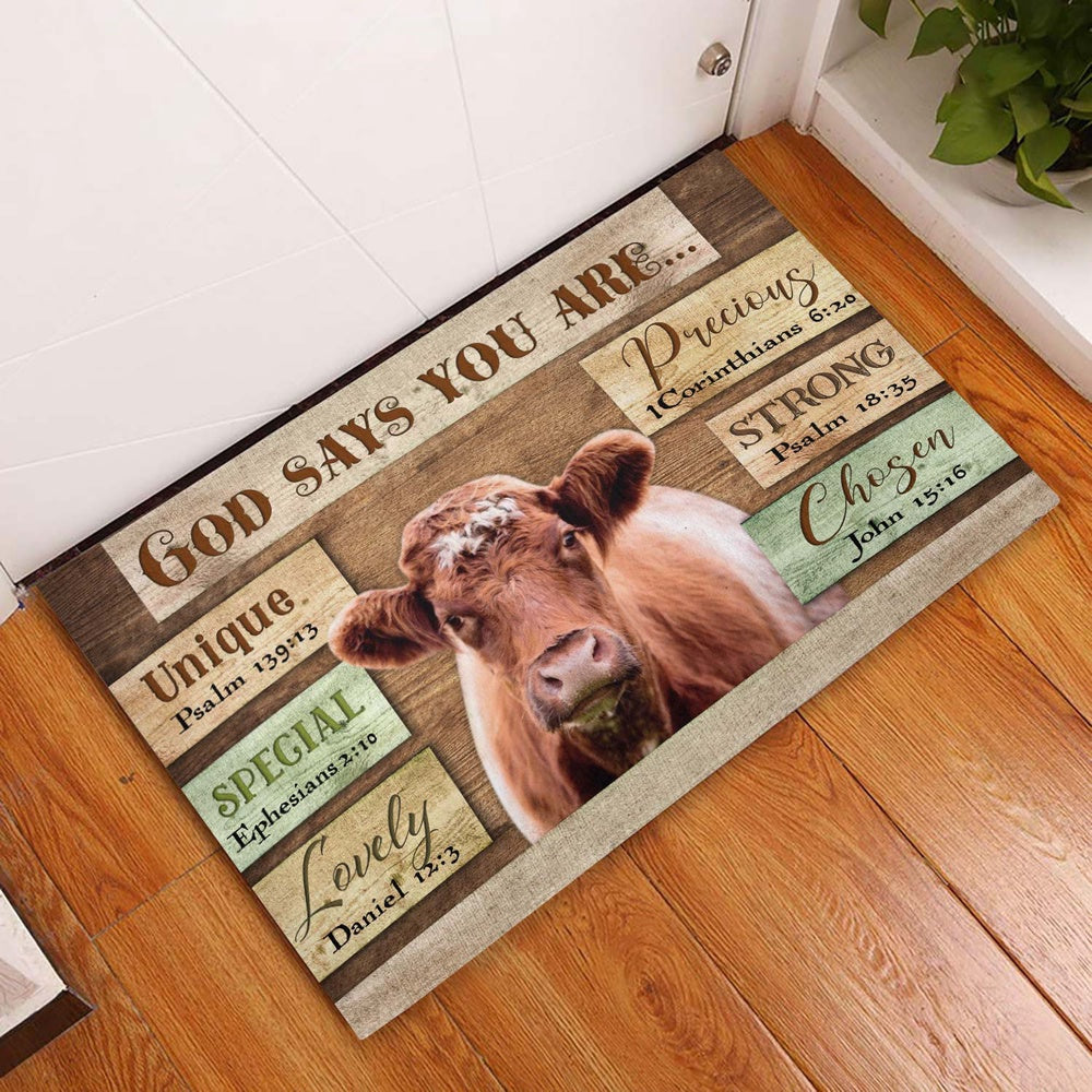 Farm House Door Mat, God Says You Are Shorthorn Cattle Doormat, Custom Welcome Mats