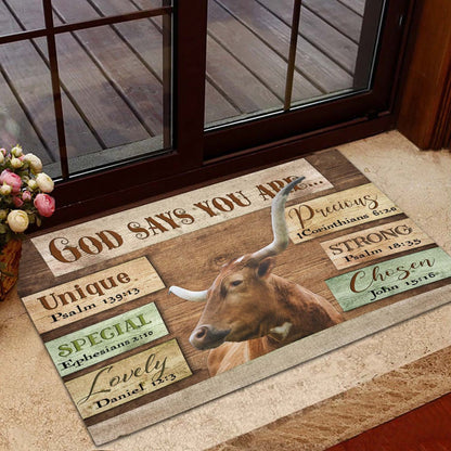 Farm House Door Mat, God Says You Are Texas Longhorn Cattle Doormat, Custom Welcome Mats