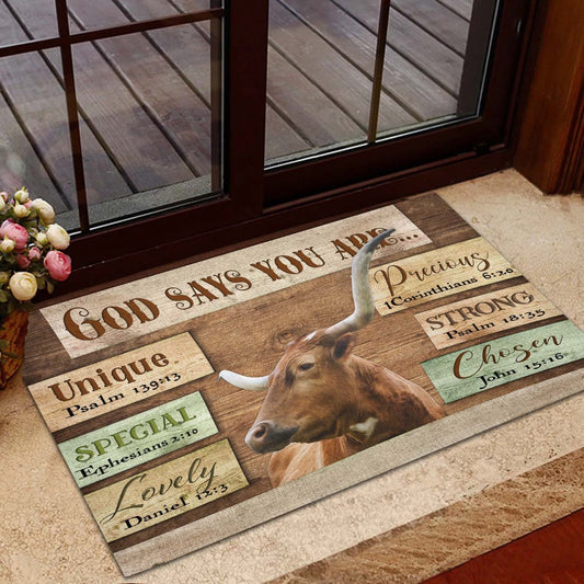 Farm House Door Mat, God Says You Are Texas Longhorn Cattle Doormat, Custom Welcome Mats