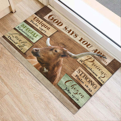 Farm House Door Mat, God Says You Are Texas Longhorn Cattle Doormat, Custom Welcome Mats